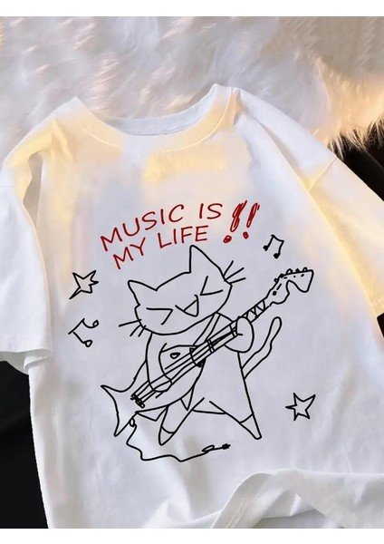 Music Is My Life Beyaz Oversize T-Shirt