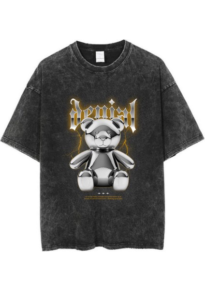 Yıkamalı Bear Baskılı Oversize Vintage T-Shirt
