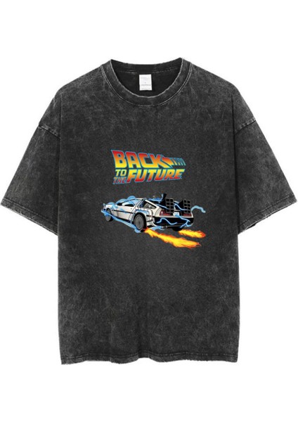 Yıkamalı Back To The Future Baskılı Oversize Vintage T-Shirt