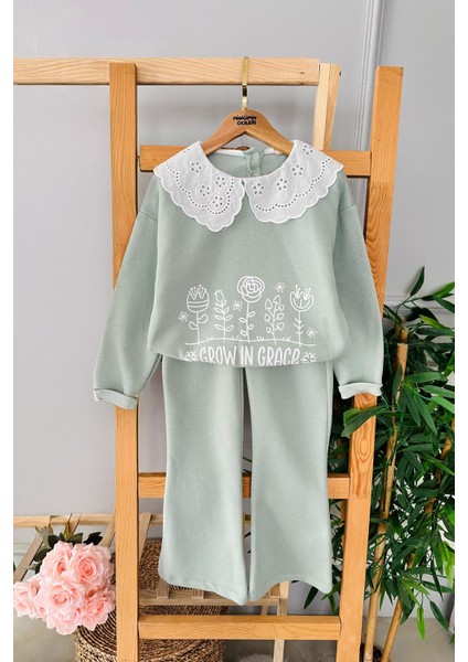(3-6 Yaş) Güpür Yakalı Asimetrik Gül Baskılı Kız çocuk takım - Yeşil