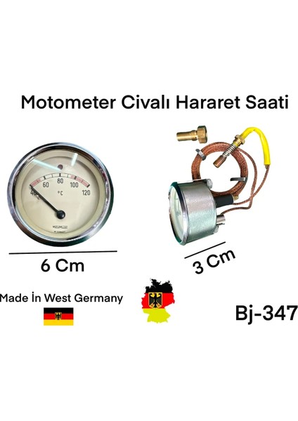 Motometer Civalı Hararet Saati 2mt 60MM Orijinal Alman Malı Eski Üretim (40°C-120°C Ikazl) Germany