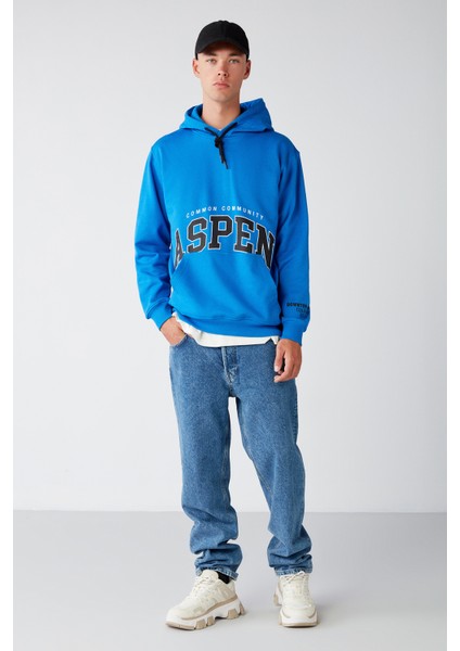 Aspen Erkek Kapüşonlu Baskılı Içi Polarlı Saks Mavi Sweatshirt