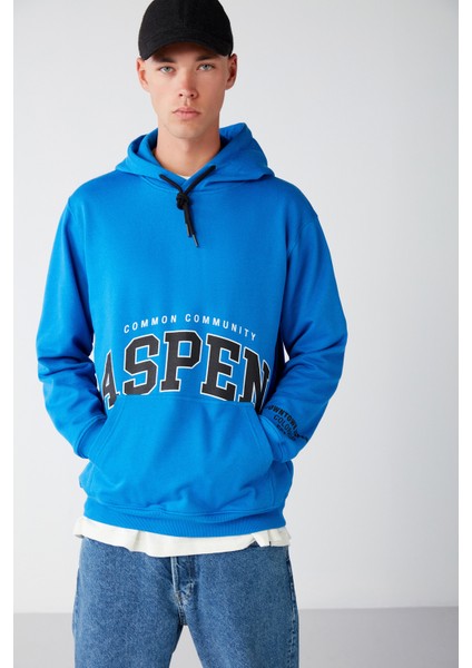 Aspen Erkek Kapüşonlu Baskılı Içi Polarlı Saks Mavi Sweatshirt