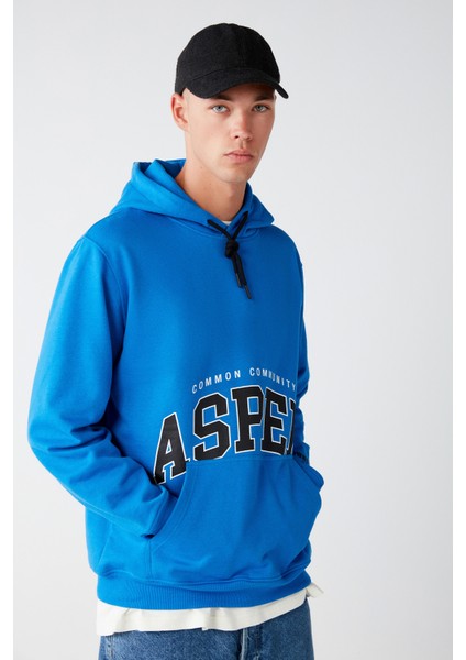 Aspen Erkek Kapüşonlu Baskılı Içi Polarlı Saks Mavi Sweatshirt