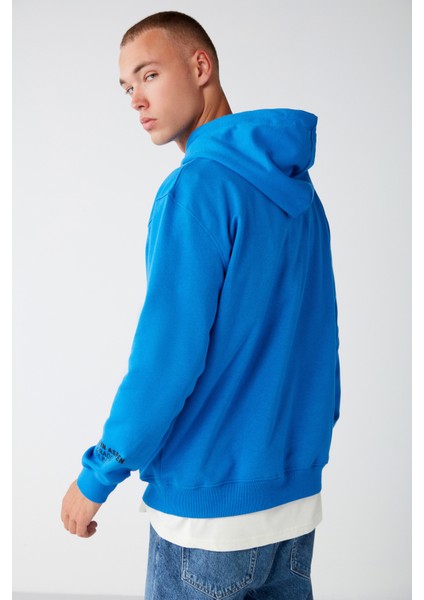 Aspen Erkek Kapüşonlu Baskılı Içi Polarlı Saks Mavi Sweatshirt