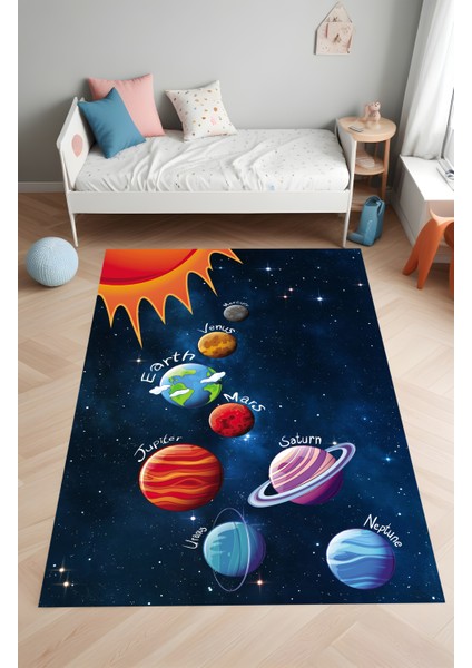 Dijital Baskı Uzay Gezegenler Yıldızlar Temalı Makinada Yıkanabilir Çocuk Halısı Genç Halısı