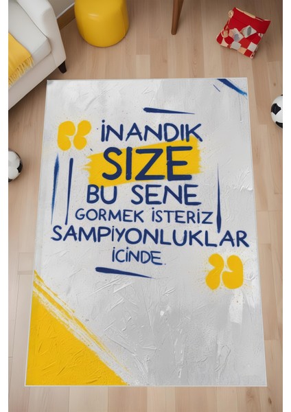 Dijital Baskı Sarı Lacivert 1907 Halısı Makinada Yıkanabilir Genç Çocuk Odası Halısı