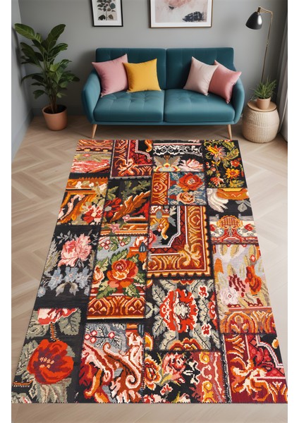 Dijital Baskı Karabağ Patchwork Desen Dekoratif Makinada Yıkanabilir Salon Mutfak ve Yolluk Halısı