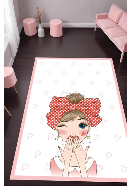 Dijital Baskı Kalpli Şirin Kız Desenli Dekoratif Makinada Yıkanabilir Çocuk Halısı Genç Halısı