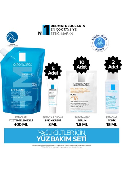 Yağlı Ciltler için Cilt Bakım Seti: Effaclar Refill Temizleme Jeli& Effaclar Duo+ M& Saf Vitamin C& Effaclar Tonik