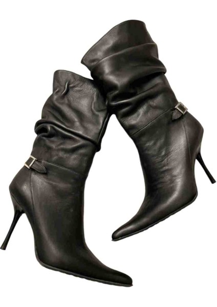 Allbucks Italyan Yapım Körüklü Stiletto Ince Topuklu Gerçek Hakiki Deri Çizme ABDGR102