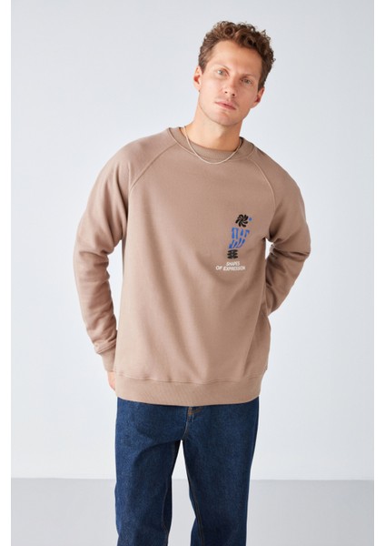 Expressed Erkek Reglan Kol Onu Nakış ve Baskılı Yumuşacık Kumaşlı Yuvarlak Yakalı Vizon Sweatshirt