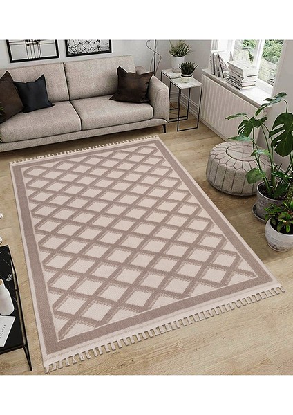 Dekoratif Modern Naturel Kayma Yapmayan Yıkanabilir Pamuk Dokuma Kilim Saçaklı 7015 Vizon