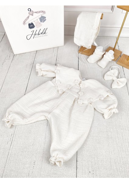 Hobidik Baby Bebek Krem Çift Kat Müslin Kumaş Tulum Set