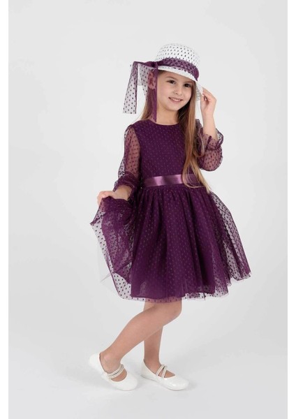 Kids Kız Çocuk Şapkalı Ve Tül Dantel Trend Abiye Elbise Ak2228