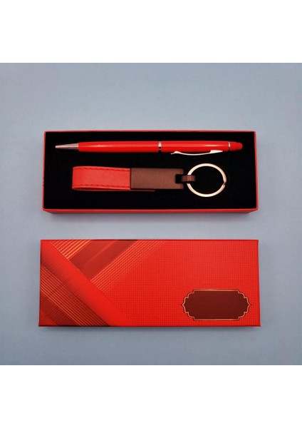 Kırmızı Deri Anahtarlık ve Kalem - DSR6859-8038