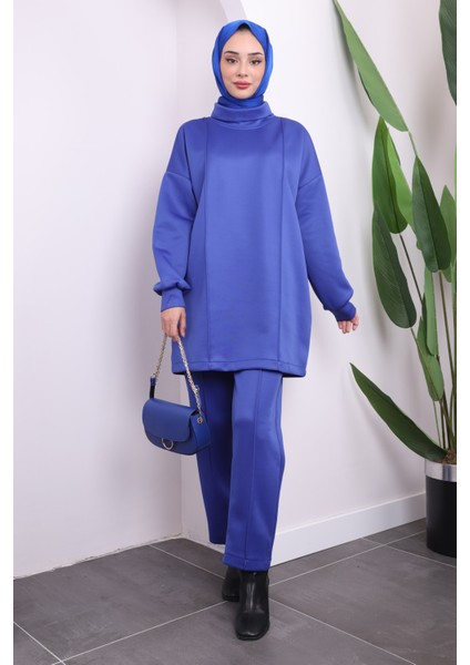 Saks Mavi Önü Çimalı Tunik Pantolonlu Scuba Takım