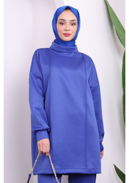 Saks Mavi Önü Çimalı Tunik Pantolonlu Scuba Takım modelleri