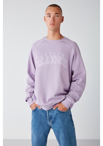 Balanced Erkek Önü Aplikeli Yuvarlak Yakalı Içi Polarlı Lila Sweatshirt