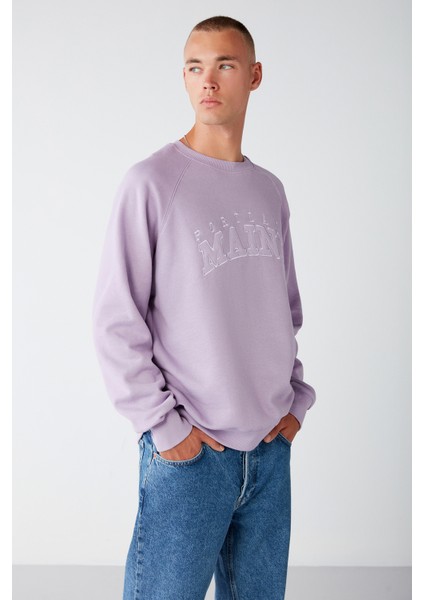 Balanced Erkek Önü Aplikeli Yuvarlak Yakalı Içi Polarlı Lila Sweatshirt modelleri