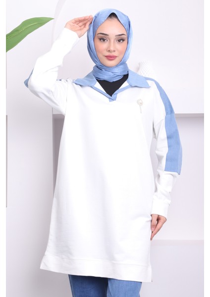 Beyaz Kot Detaylı Tunik Pantolonlu İkili Takım modelleri
