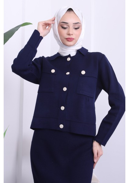 Lacivert Crop Hırka Etekli Triko Takım modelleri