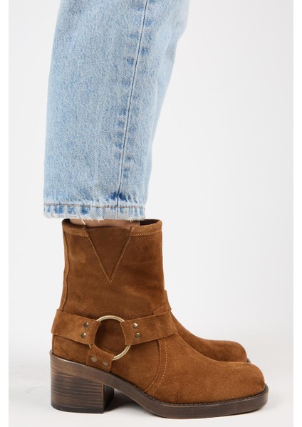 (Livia) Kadın Deri Biker Taba Bot