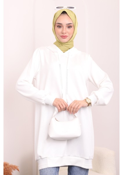 Ekru Ribanalı Kapşonlu Tunik