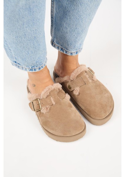 (Zeta 2 Kürklü Platform) Kadın Deri Kemerli Tokalı Sabo Vizon Terlik fiyatları