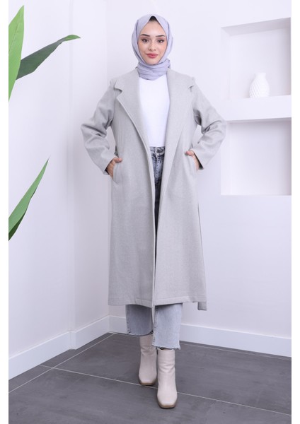 Gri Bel Kuşaklı Kaşe Kaban