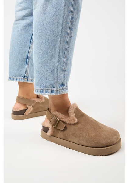 (Holly 2 Kürklü Platform) Kadın Deri Kemerli Tokalı Sabo Vizon Sandalet indirimleri