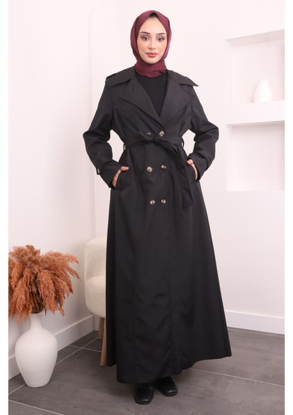 Siyah Kruvaze Yaka Apoletli Uzun Trençkot