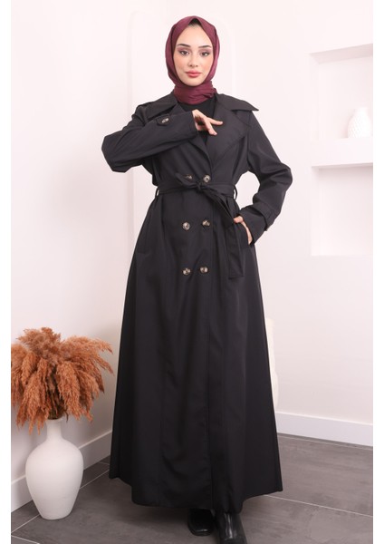 Siyah Kruvaze Yaka Apoletli Uzun Trençkot fiyatları