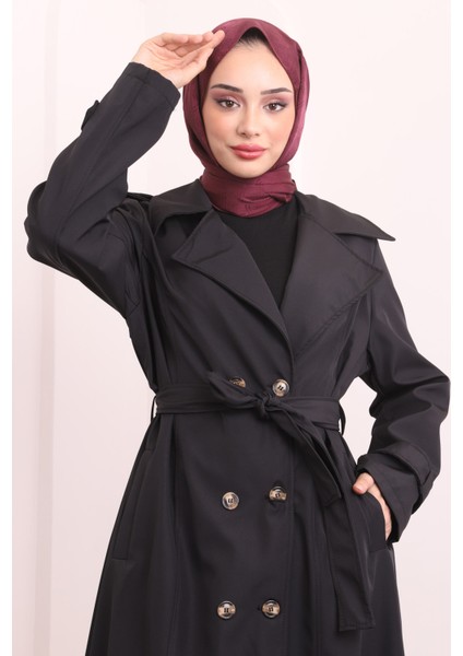 Siyah Kruvaze Yaka Apoletli Uzun Trençkot modelleri