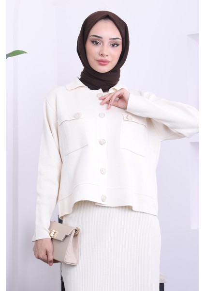 Krem Crop Hırka Etekli Triko Takım modelleri