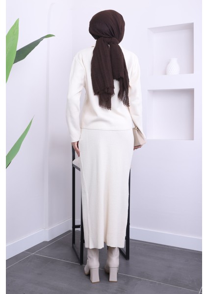 Krem Crop Hırka Etekli Triko Takım fırsatları