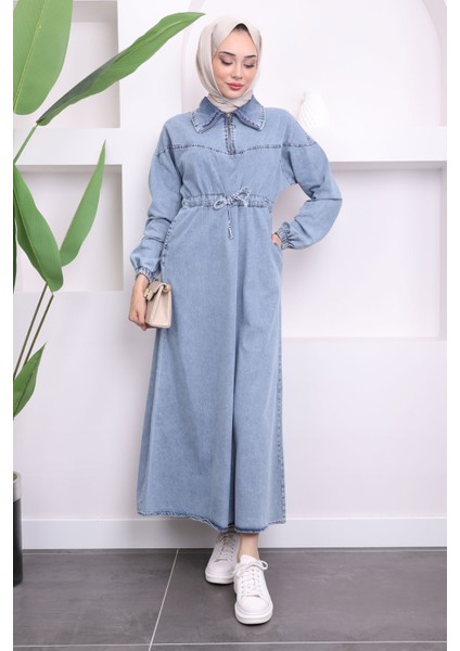 Mavi Bel Büzgülü Cepli Kot Elbise fiyatları