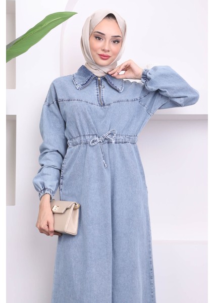 Mavi Bel Büzgülü Cepli Kot Elbise modelleri