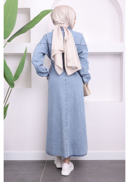 Mavi Bel Büzgülü Cepli Kot Elbise fırsatları