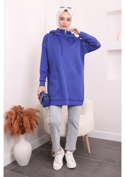 Saks Mavi Kapüşonlu Cepli Scuba Sweatshirt