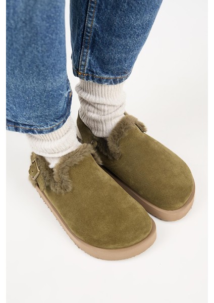 (Holly 2 Kürklü Platform) Kadın Deri Kemerli Tokalı Sabo Haki Sandalet fiyatları