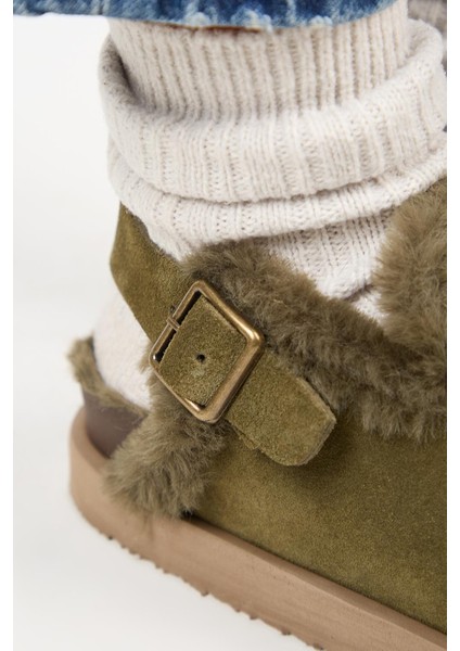 (Holly 2 Kürklü Platform) Kadın Deri Kemerli Tokalı Sabo Haki Sandalet modelleri