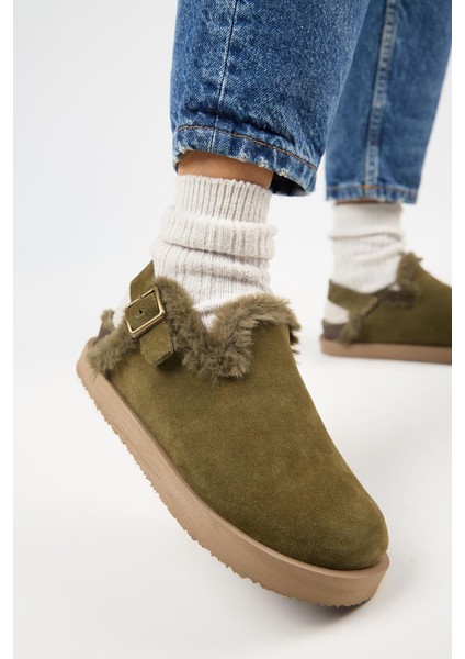 (Holly 2 Kürklü Platform) Kadın Deri Kemerli Tokalı Sabo Haki Sandalet fırsatları