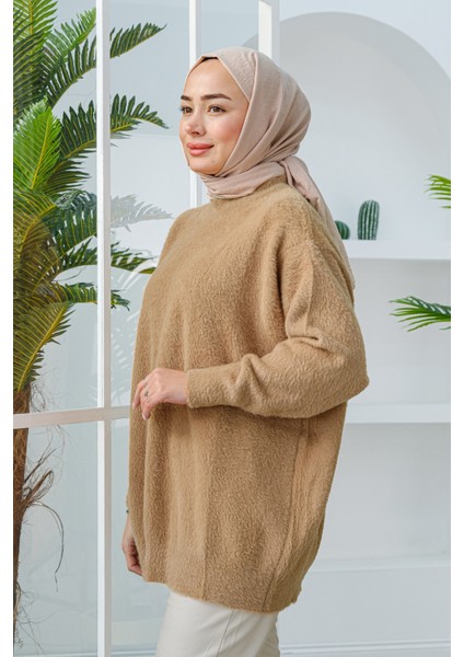 Peluş Bisiklet Yaka Tunik Vizon