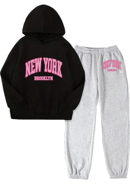 New York Baskılı Unisex Kapüşonlu Kanguru Cepli Şardonlu Eşofman Takımı