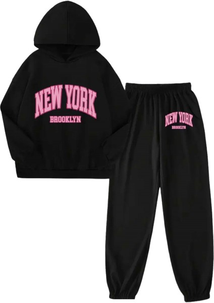 New York Baskılı Unisex Kapüşonlu Kanguru Cepli Şardonlu Eşofman Takımı