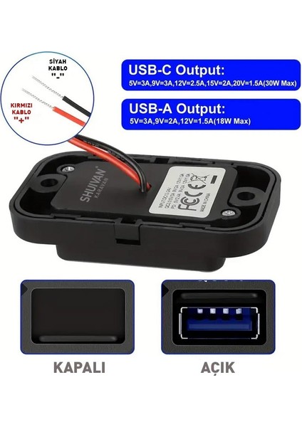 Shuıvan USB Type C Girişi Ikili USB iPhone Şarj Söketi 3.0AH modelleri