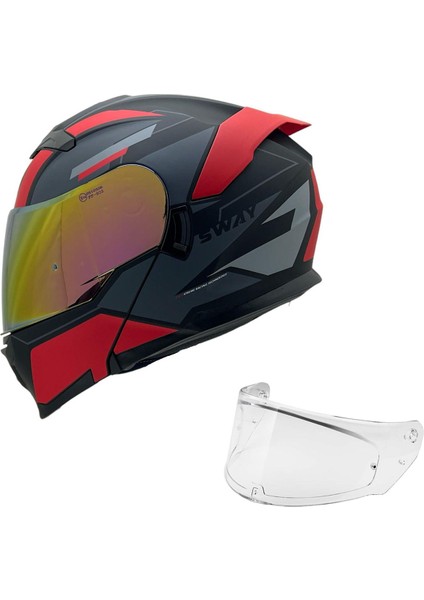 912 C1 Kırmızı Çene Açılır Kask Çift Vizör