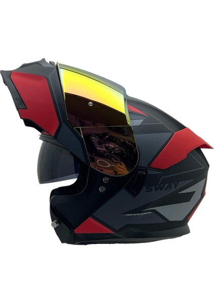 912 C1 Kırmızı Çene Açılır Kask Çift Vizör