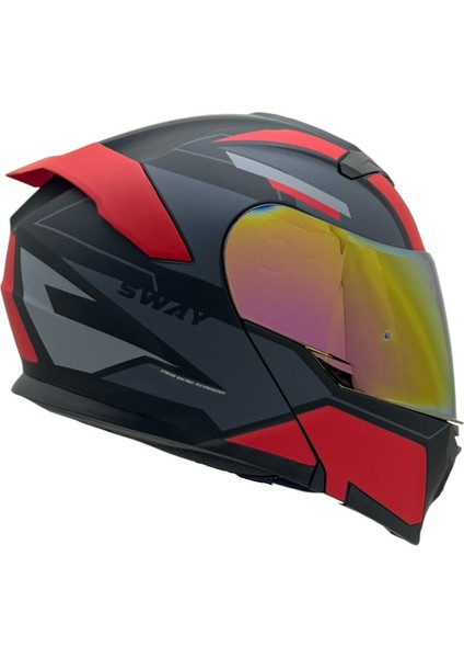 912 C1 Kırmızı Çene Açılır Kask Çift Vizör